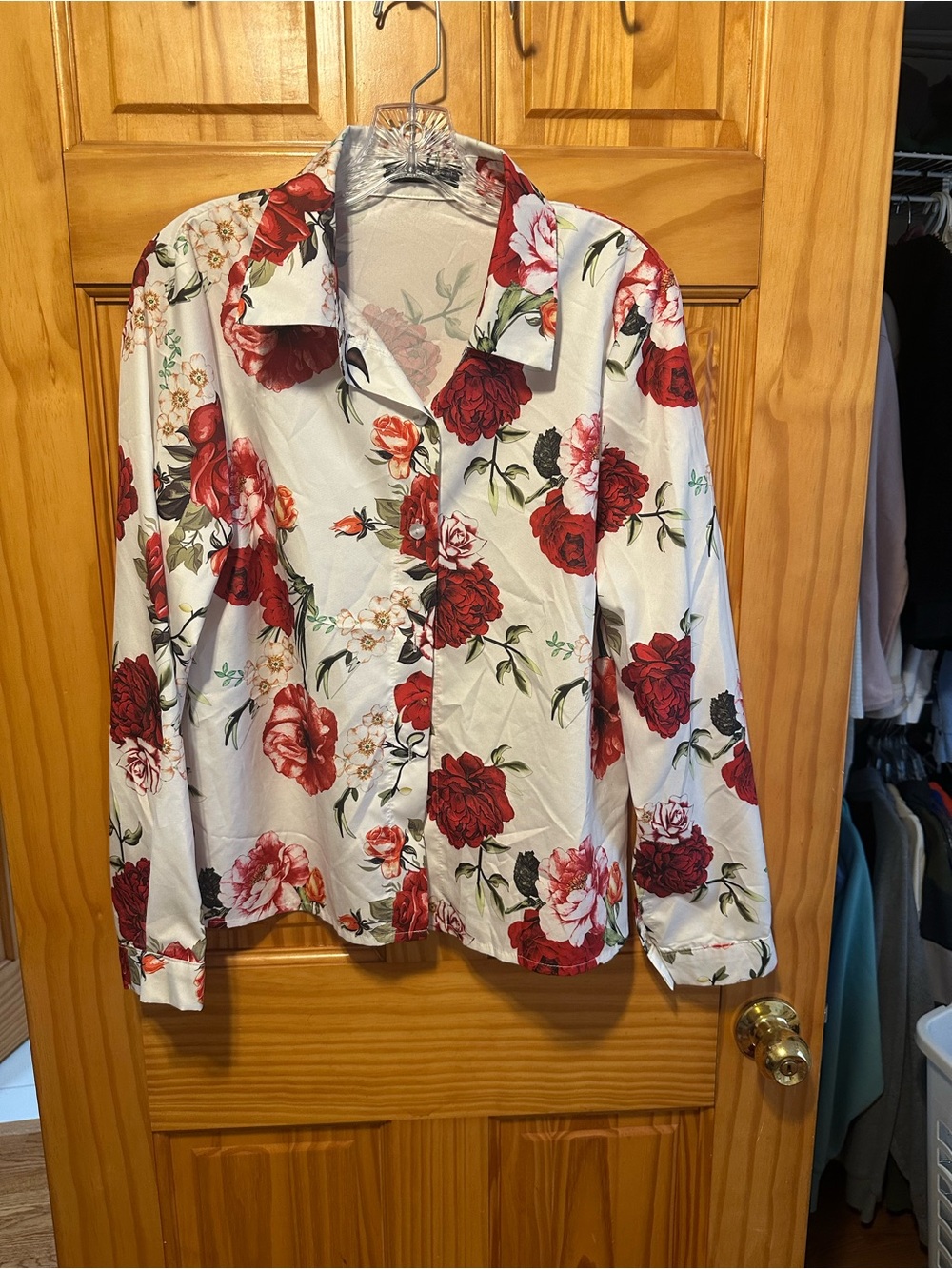 SHEIN White Floral Button-Up Blouse with Red Roses